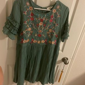 Short dress, teal/light green, flower details